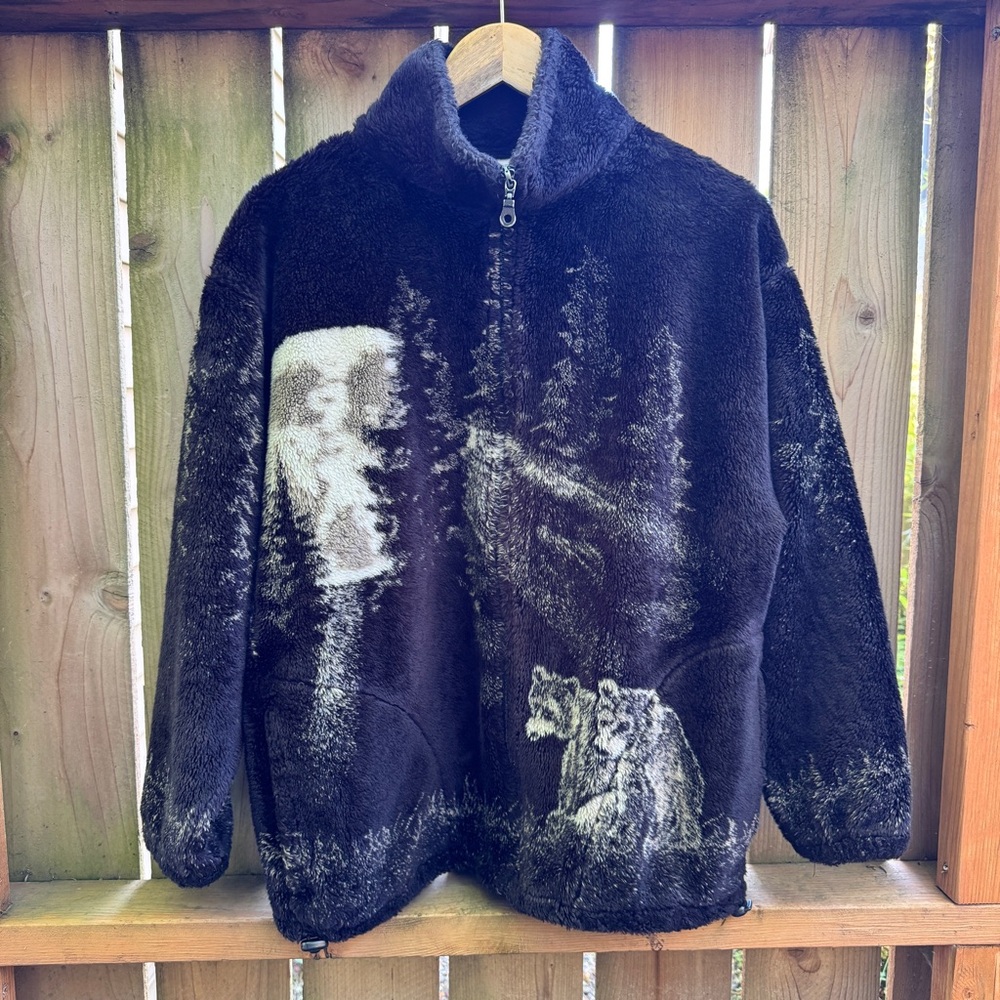 Vintage Bear Forest scene fleece zip-up Jacket Sz Medium